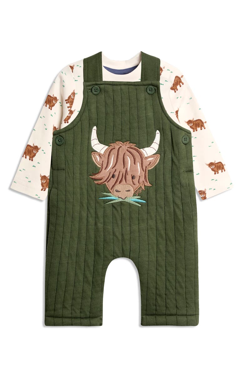 JOJO MAMAN BEBE Highland Cow Print T-Shirt & Appliqué Overalls Set, Main, color, Khaki