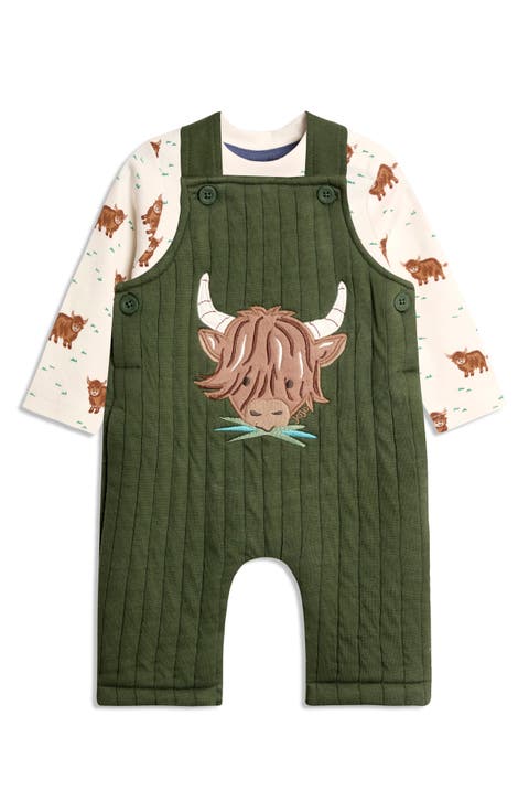 Highland Cow Print T-Shirt & Appliqué Overalls Set (Baby)