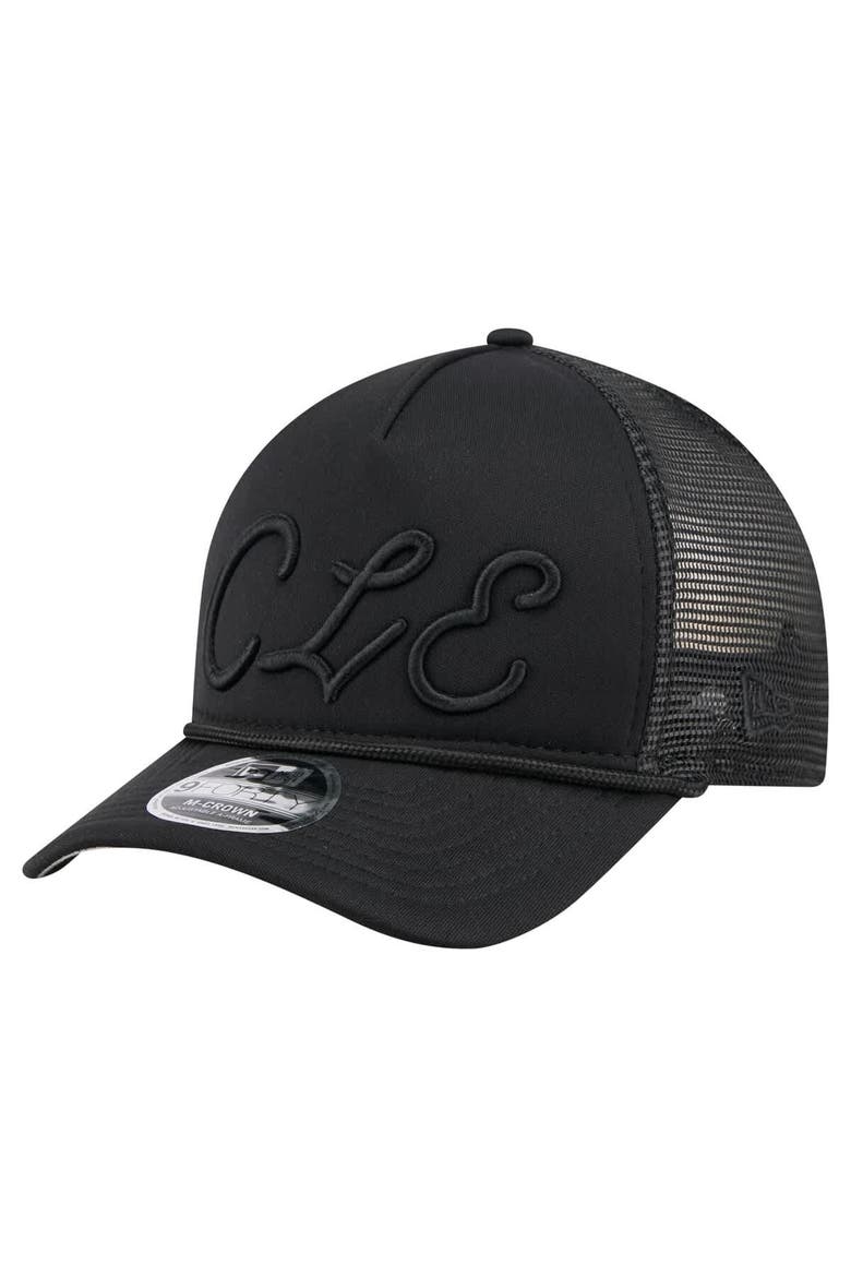 Men's New Era Black Cleveland Guardians City Initial 9FORTY A-Frame M-Crown Adjustable Trucker Hat, Main, color, Black