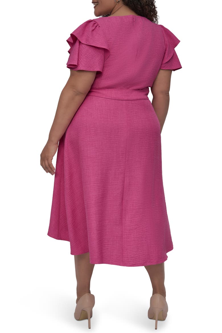 Flutter Sleeve Faux Wrap Midi Dress, Alternate, color, VIVID PINK