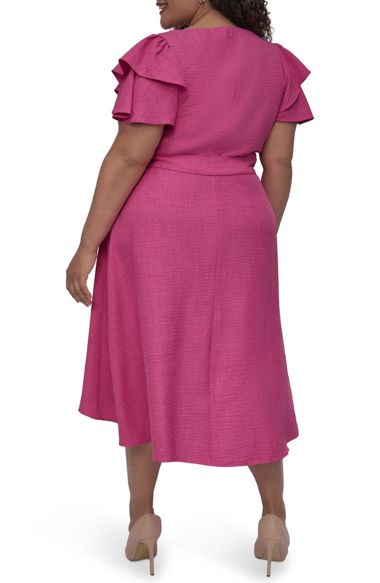 DKNY Flutter Sleeve Faux Wrap Midi Dress, Alternate, color, Vivid Pink