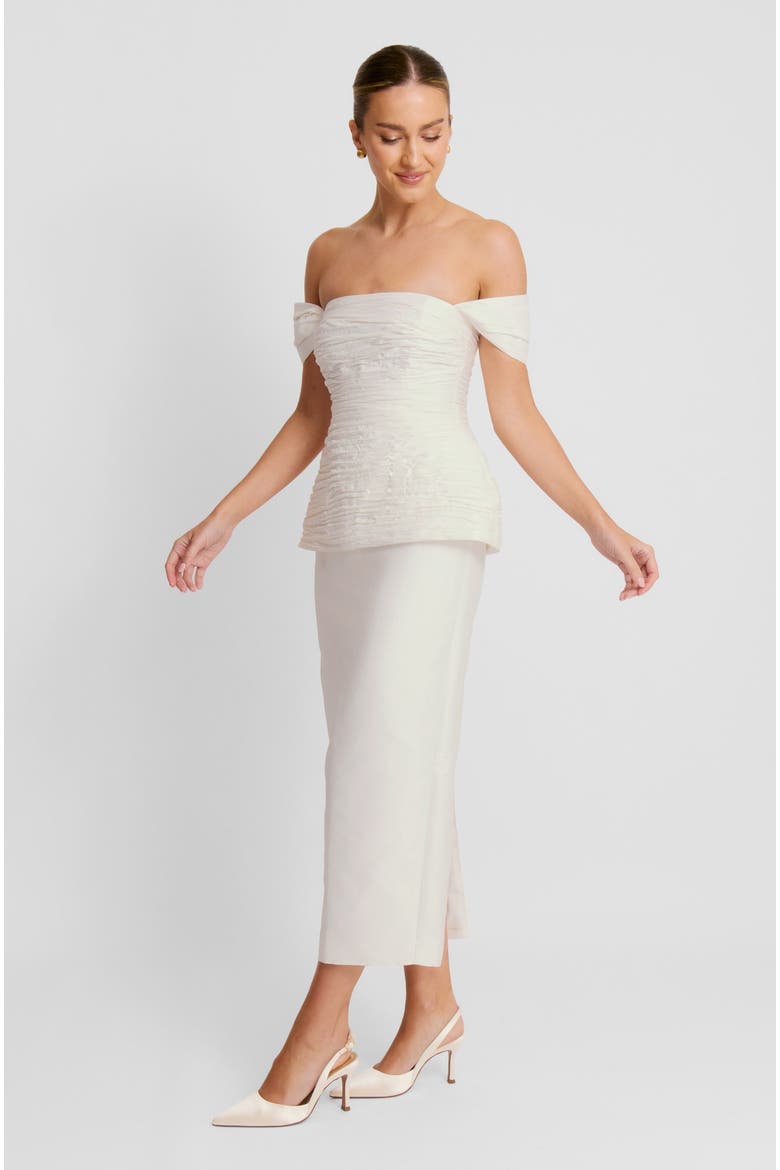 Gathered Bardot Peplum Midi Dress, Alternate, color, White