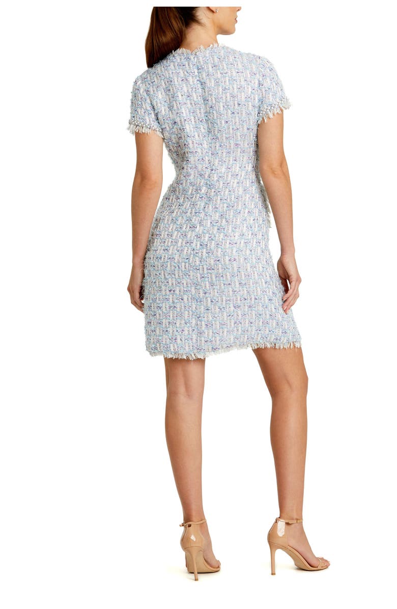 Mac Duggal Floral Buttons and Pearl Detailing Boucle Shift Dress, Alternate, color, Blue Multi