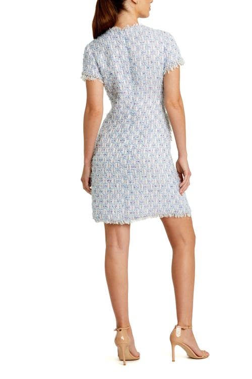 Mac Duggal Crystal Floral Button Detail Tweed Minidress In Blue Multi