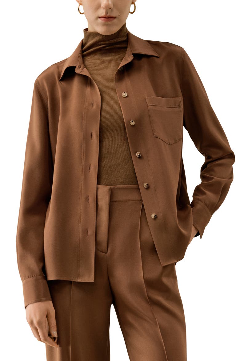 Women's Basic Silk Spread Collar Shirt, Main, color, Espresso