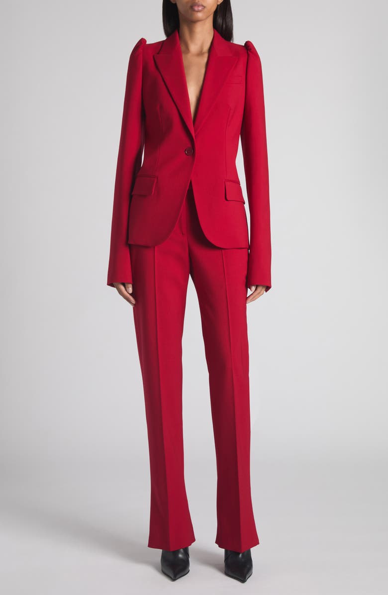McQueen Pleated Straight Leg Wool Trousers, Alternate, color, Crimson