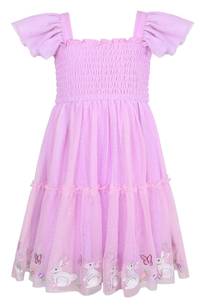 Kids' Bunny Border Embroidered Flutter Sleeve Mesh Party Dress, Main, color, ORCHID