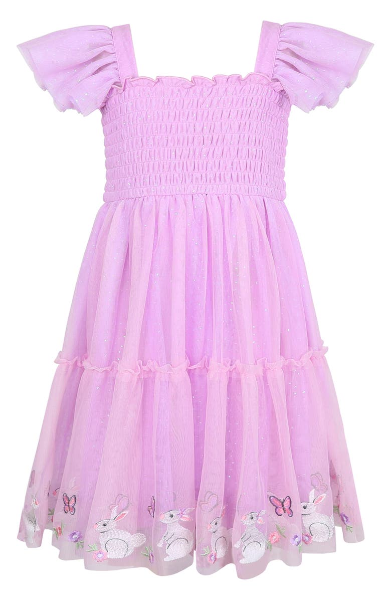 Zunie Kids' Bunny Border Embroidered Flutter Sleeve Mesh Party Dress, Main, color, Orchid