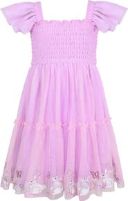 Zunie Kids' Bunny Border Embroidered Flutter Sleeve Mesh Party Dress