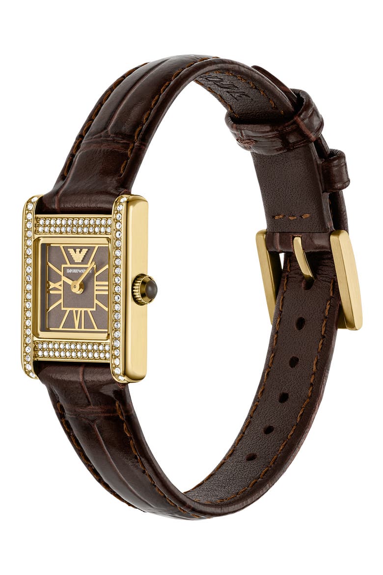 Crystal Bezel Tank Leather Strap Watch, 19mm x 26mm, Alternate, color, BROWN