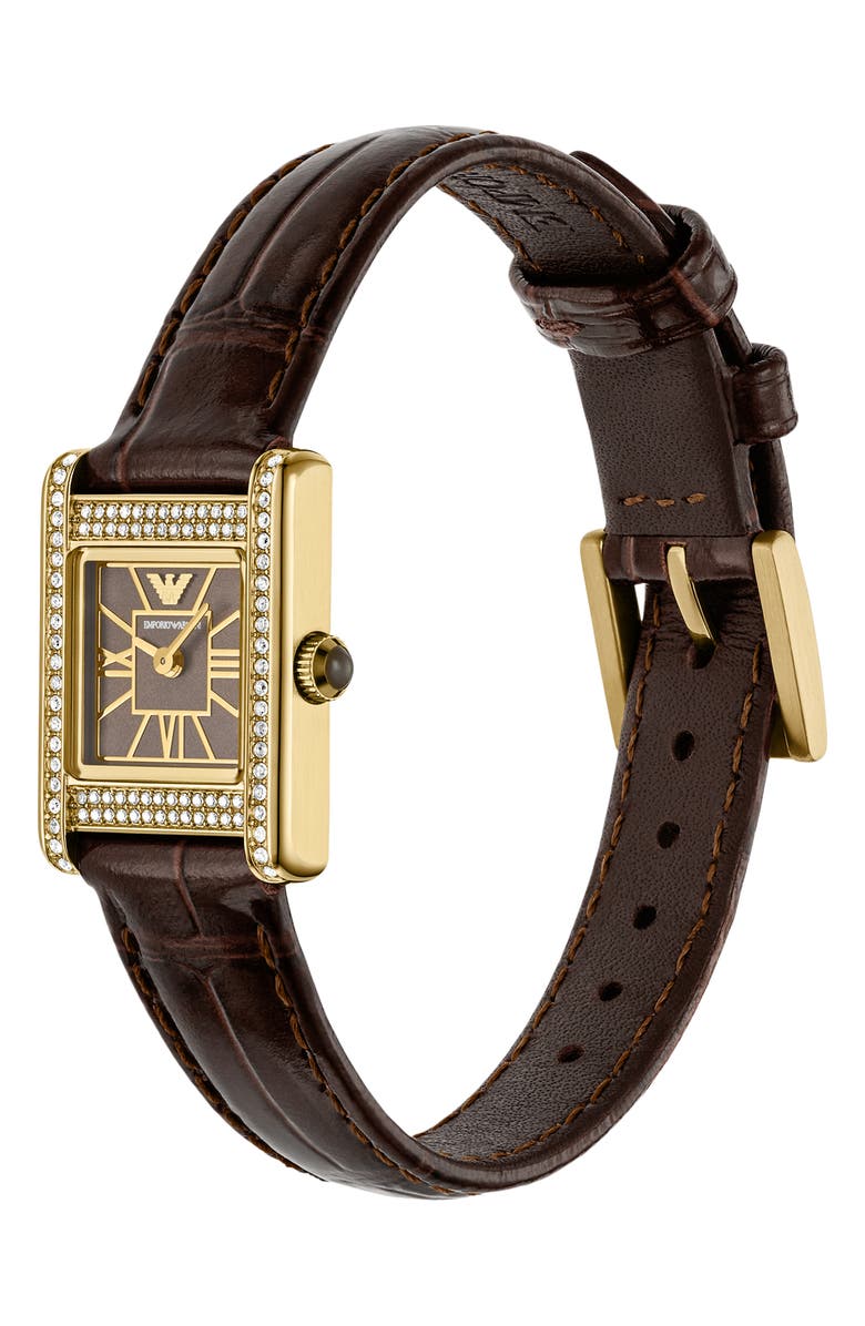 Emporio Armani Crystal Bezel Tank Leather Strap Watch, 19mm x 26mm, Alternate, color, 