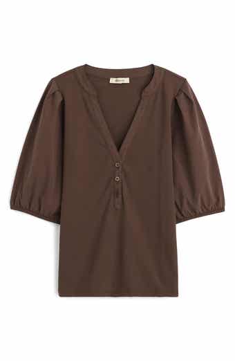 Puff-Sleeve Henley Knit Top