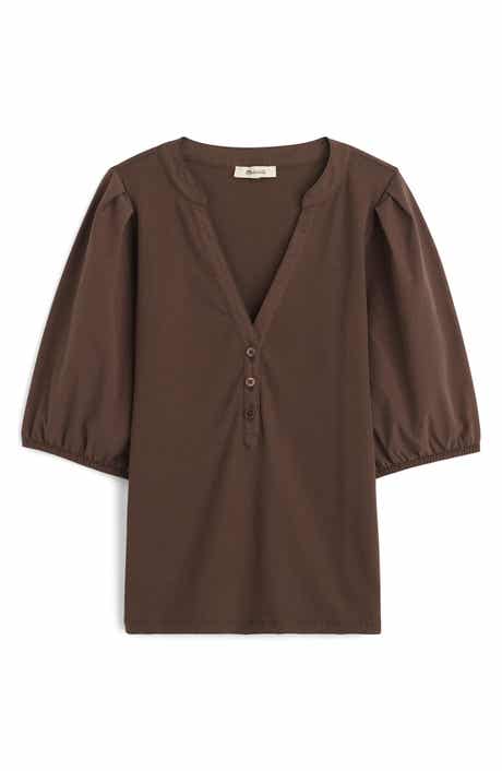 Puff-Sleeve Henley Knit Top