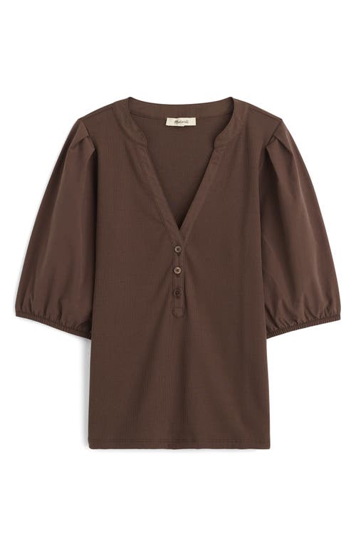 Madewell Puff-sleeve Henley Knit Top In Brown