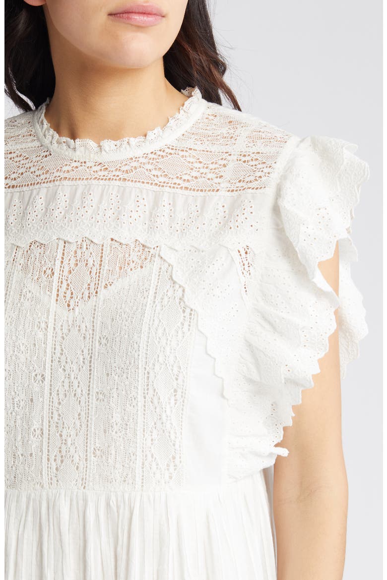 The Trellis Lace & Ruffle Midi Dress, Alternate, color, WHITE