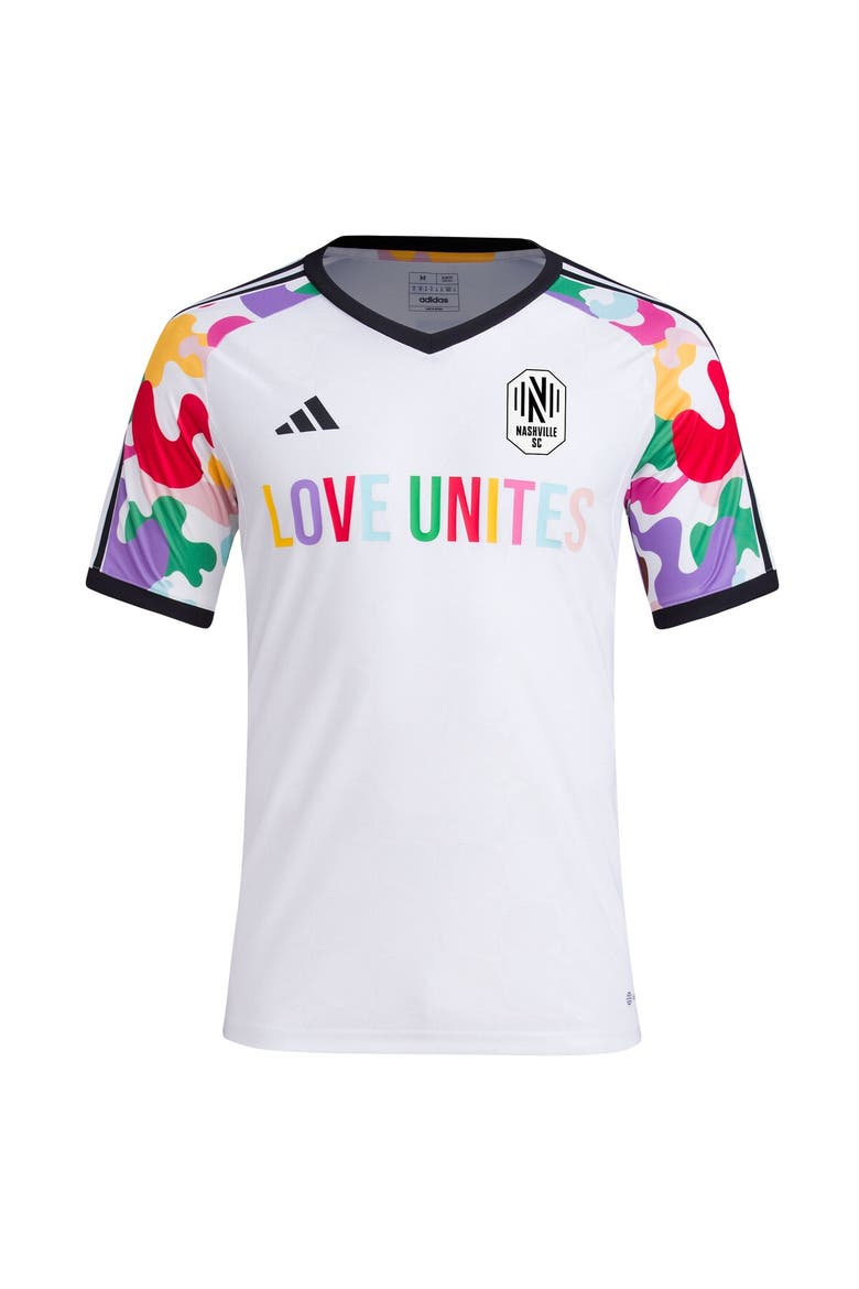 Men's adidas White Nashville SC 2023 Pride Pre-Match Top, Alternate, color, White