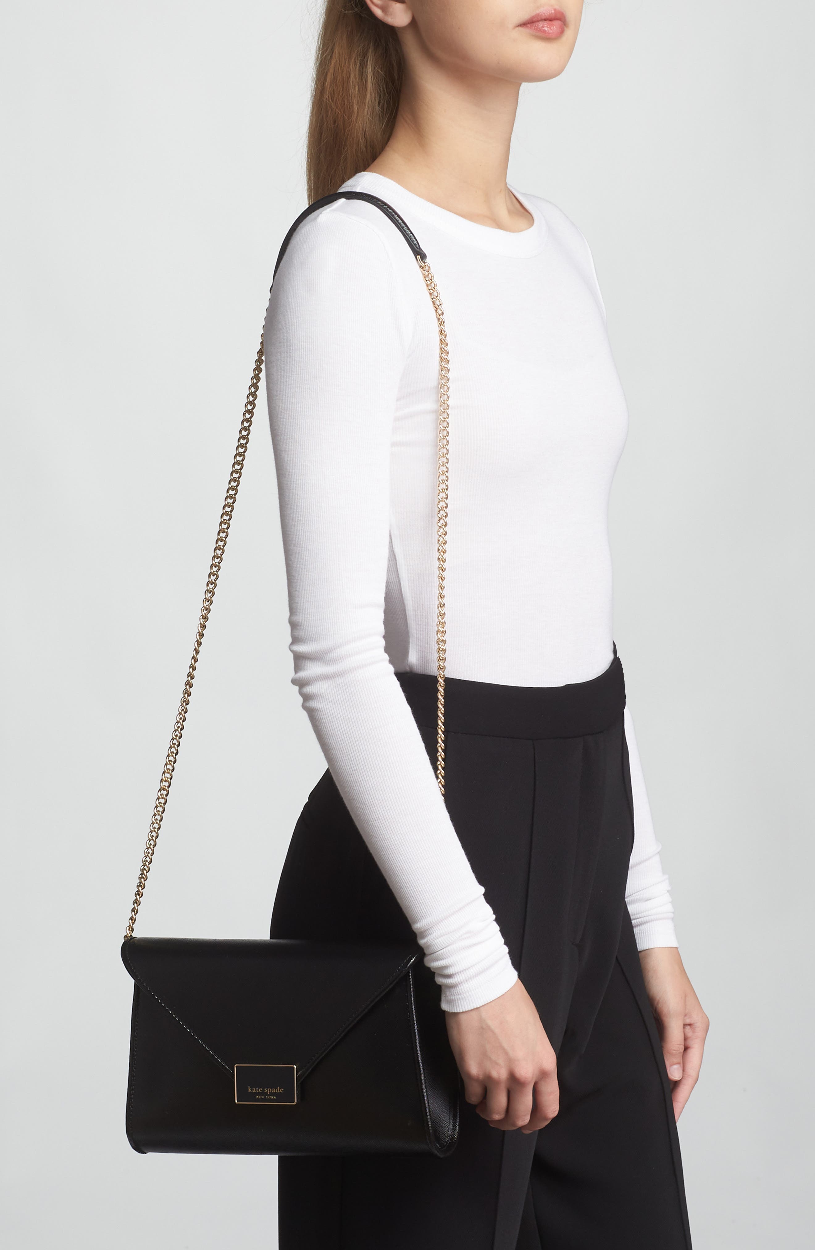 Kate Spade New York anna medium envelope leather convertible clutch, Alternate, color, Black