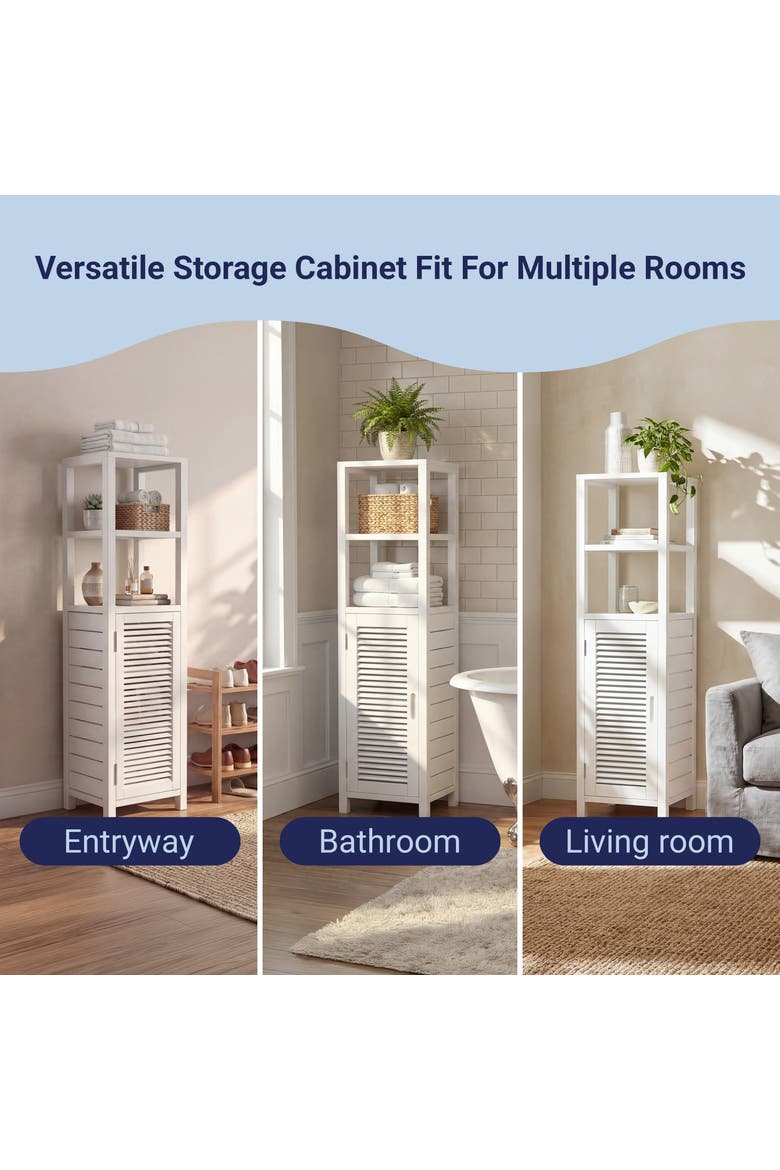 Solstice Handcrafted Pine Wood Bathroom Freestanding Floor Storage Cabinet with Louvered Door and 3-Tier Open Shelves, Alternate, color, White