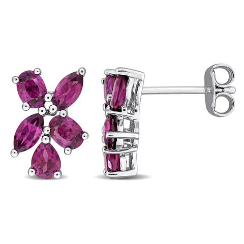 Rhodolite Floral Cluster Earrings Sterling Silver