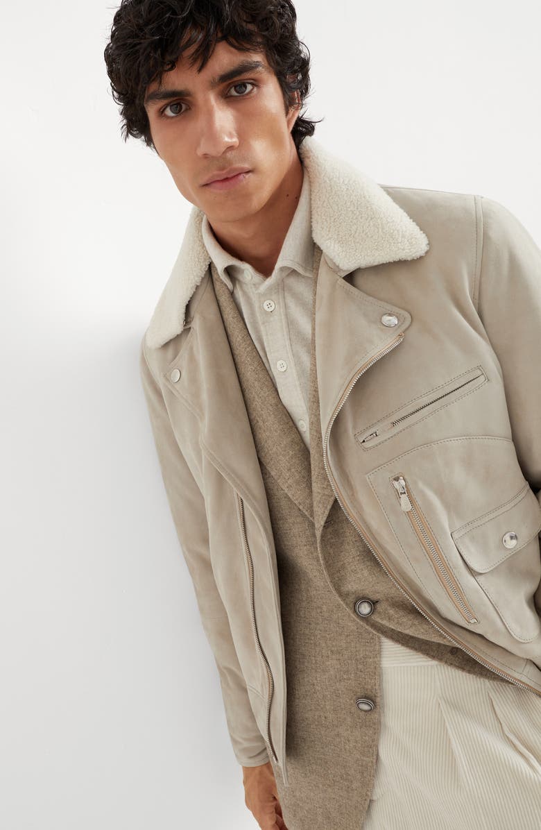 Brunello Cucinelli Suede biker jacket with Thermore<sup>®</sup> padding and detachable shearling collar, Alternate, color, 