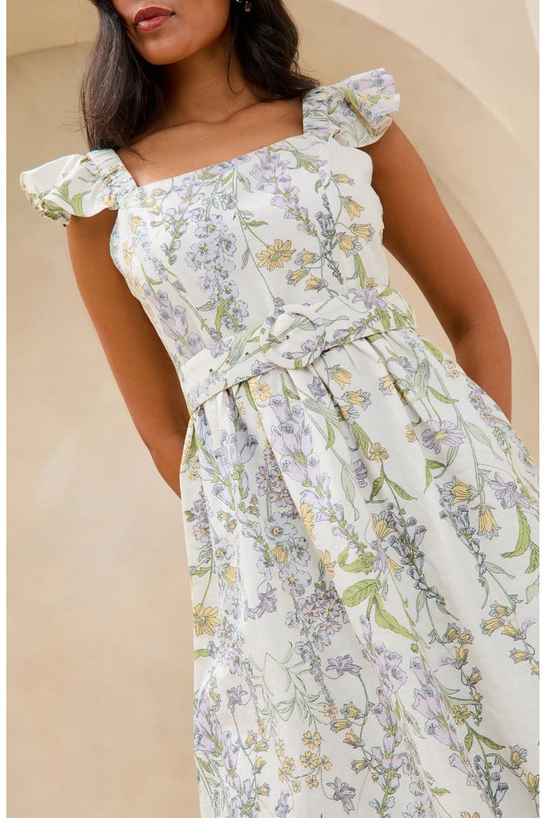 Floral Print Ruffle Belted Midi Dress, Alternate, color, WHITE