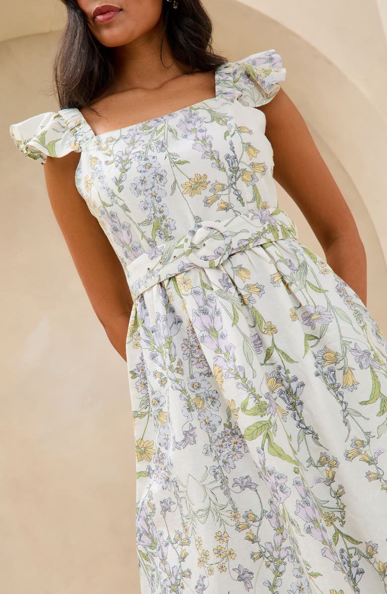 Lipsy Floral Print Ruffle Belted Midi Dress, Alternate, color, White