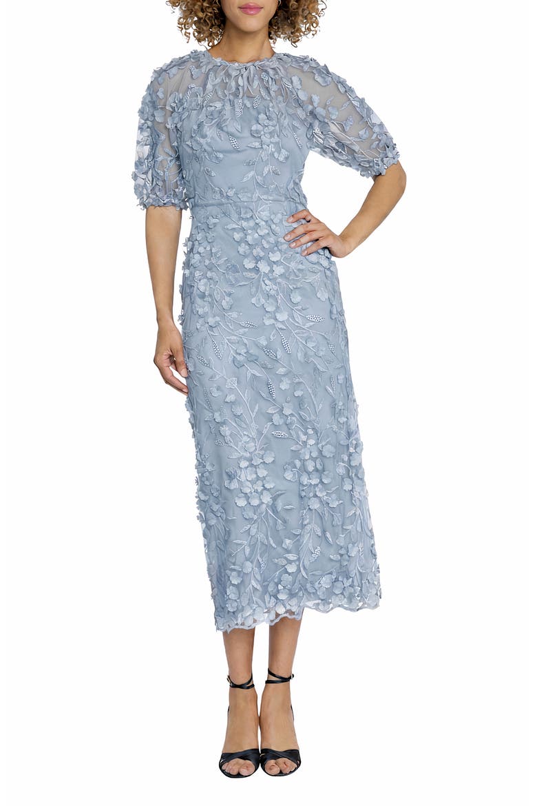 Illusion Floral Appliqué Gown, Main, color, GLACIER LAKE
