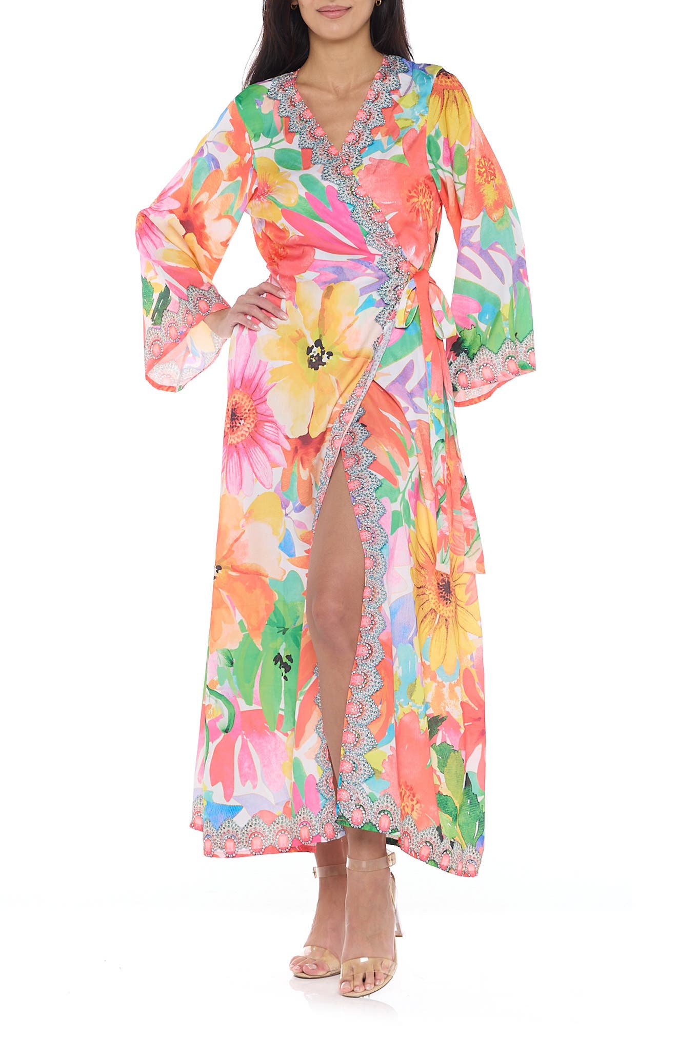 RANEES Floral Long Sleeve Wrap Duster