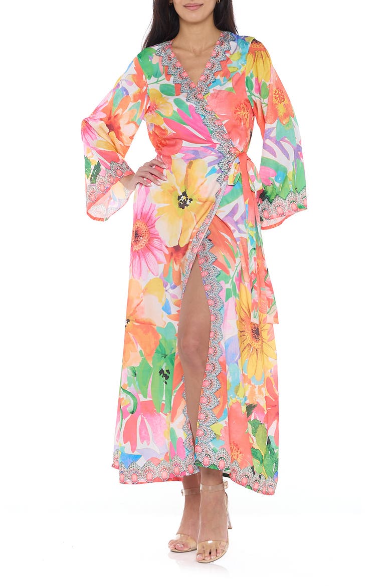 Floral Long Sleeve Wrap Duster, Main, color, ORANGE