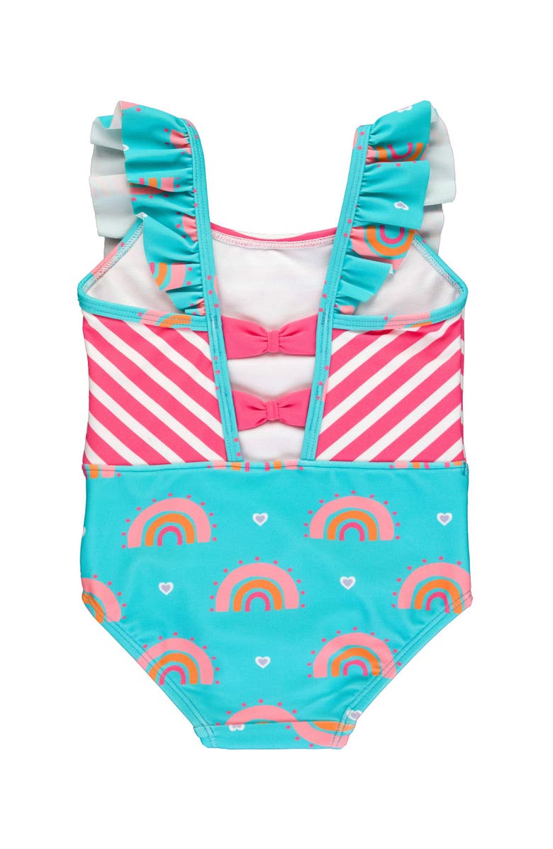 RuffleButts Baby Girls UPF50+ Pinafore One Piece, Alternate, color, Catching Rainbows