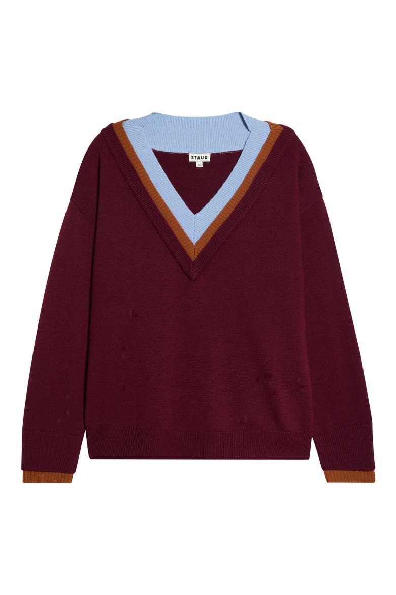 Norman Contrast Detail V-Neck Merino Wool Sweater, Main, color, PINOT MULTI