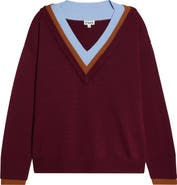 STAUD Norman Contrast Detail V-Neck Merino Wool Sweater