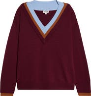 STAUD Norman Contrast Detail V-Neck Merino Wool Sweater
