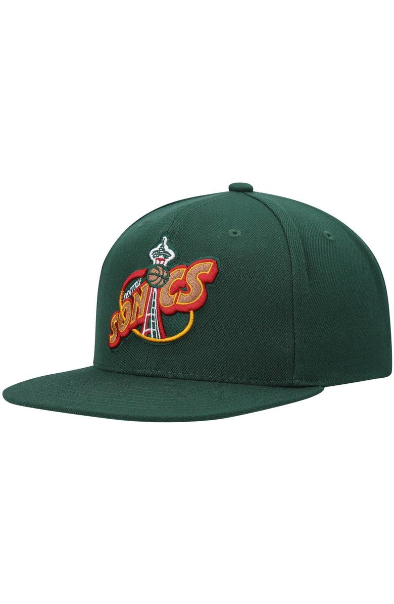 Mitchell & Ness Men's Mitchell & Ness Green Seattle SuperSonics Hardwood Classics Team Ground 2.0 Snapback Hat, Main, color,