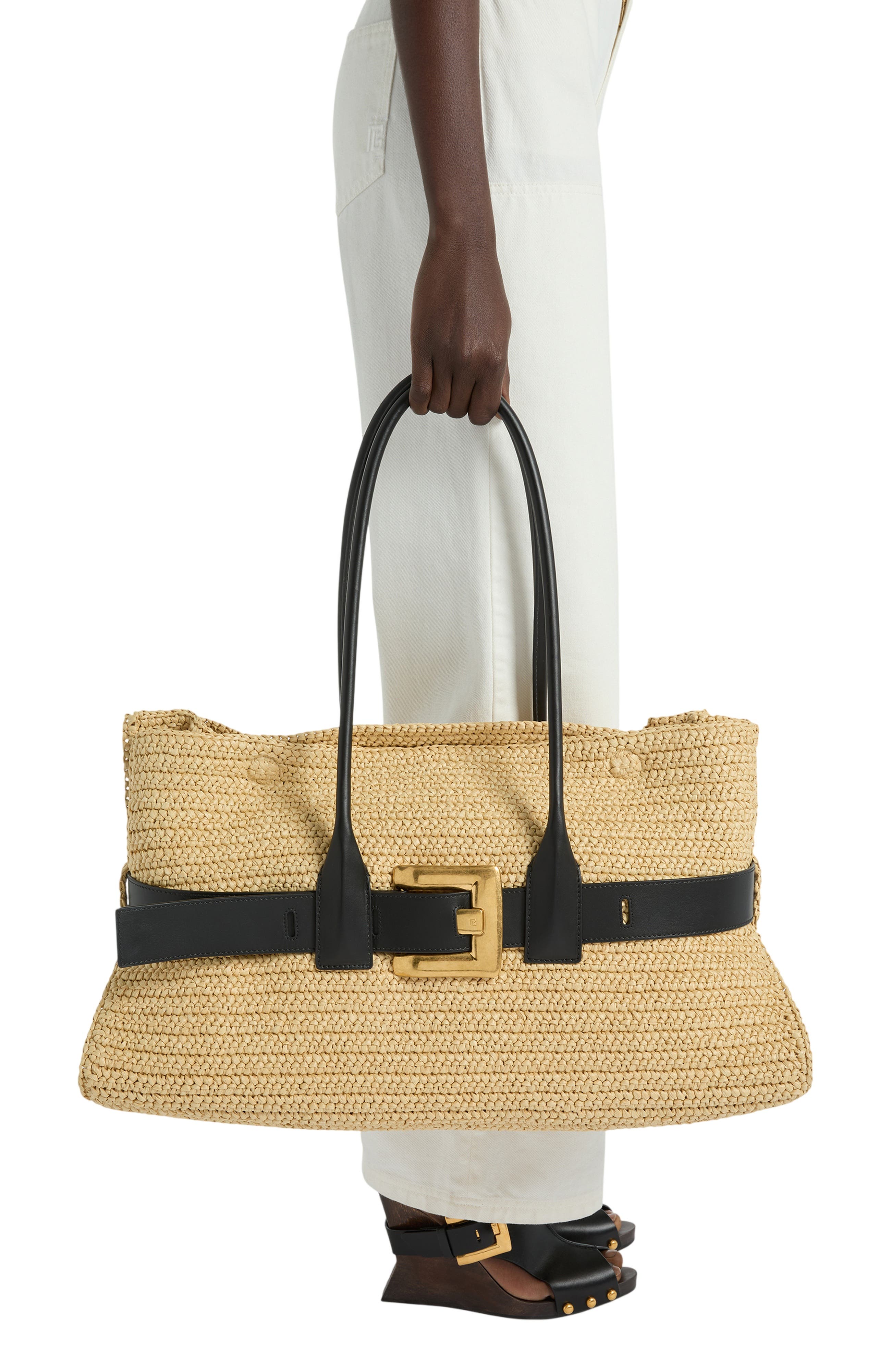 Balmain Large Anthem bag in smooth leather and crochet, Alternate, color, Beige
