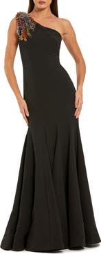 Mac Duggal Crepe One Shoulder Beaded Mermaid Gown