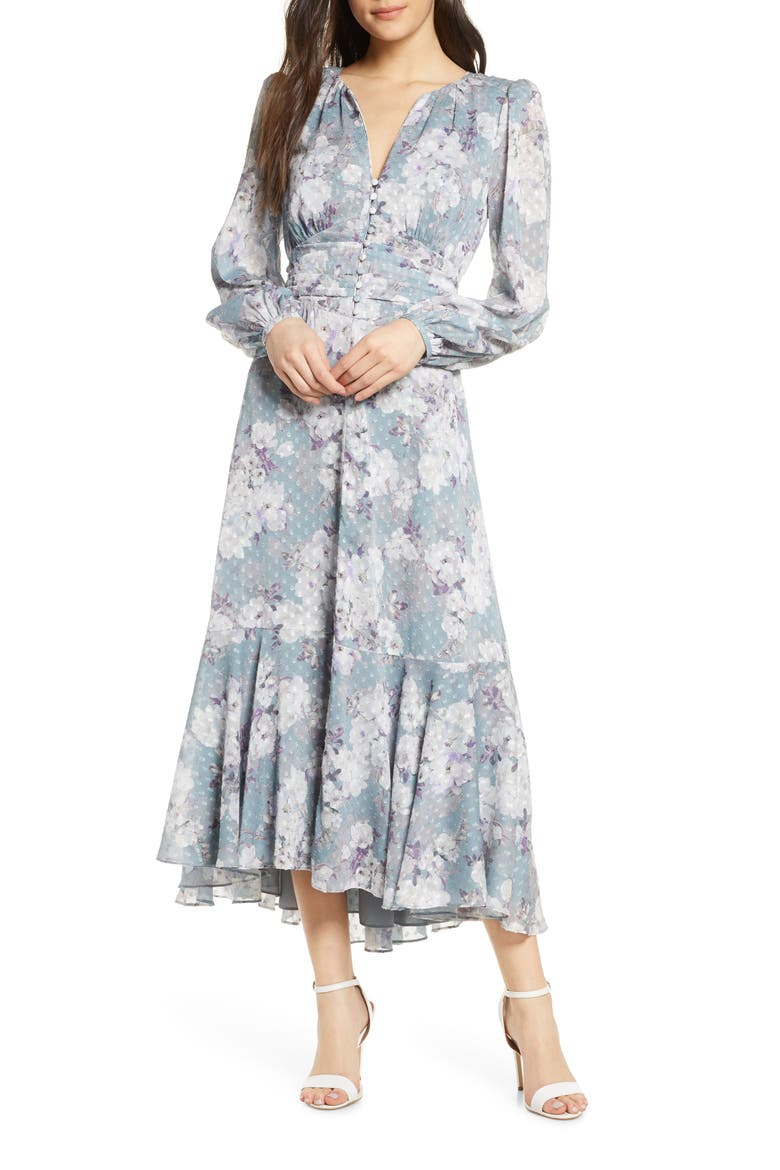 Floral Long Sleeve High/Low Midi Dress, Main, color, TEAL PRINT