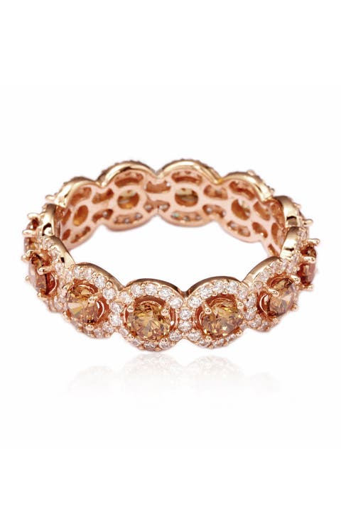 14K Rose Gold Plated Sterling Silver CZ Champagne Round Eternity Band Ring