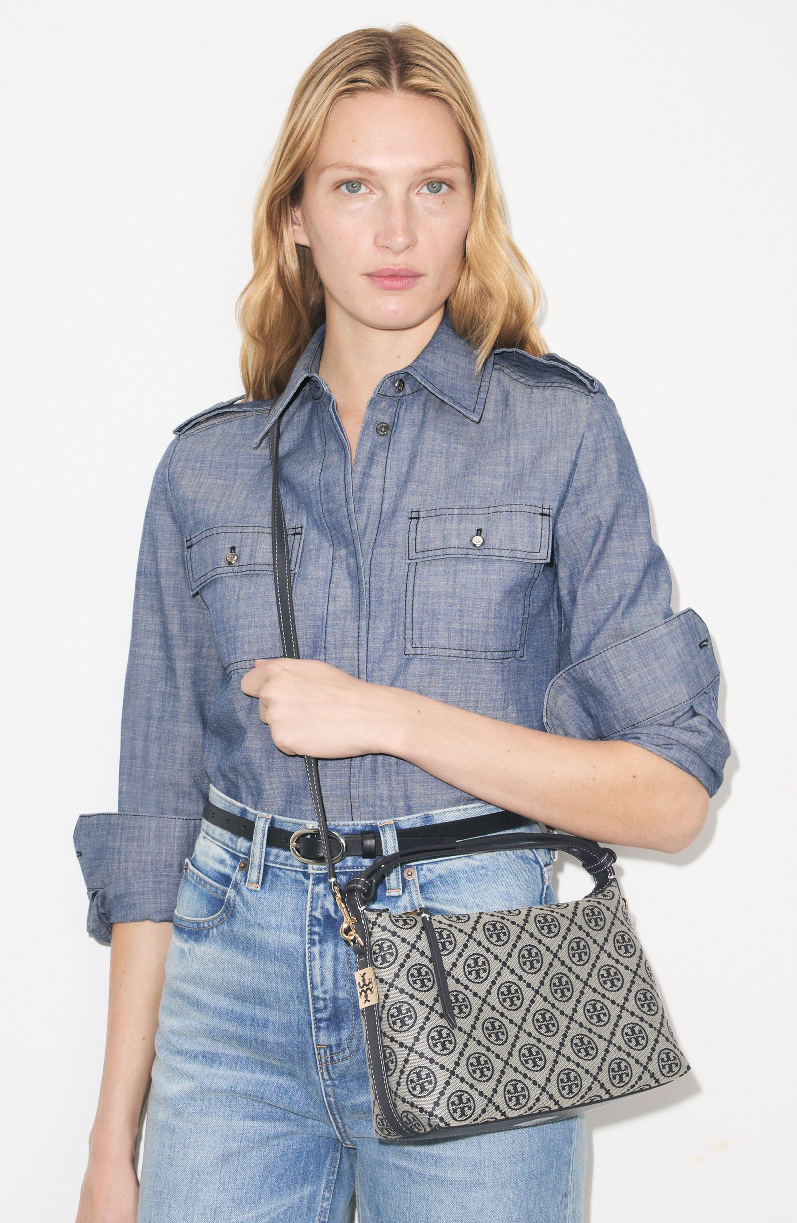 Mellow T Monogram Shoulder Bag, Alternate, color, TORY NAVY