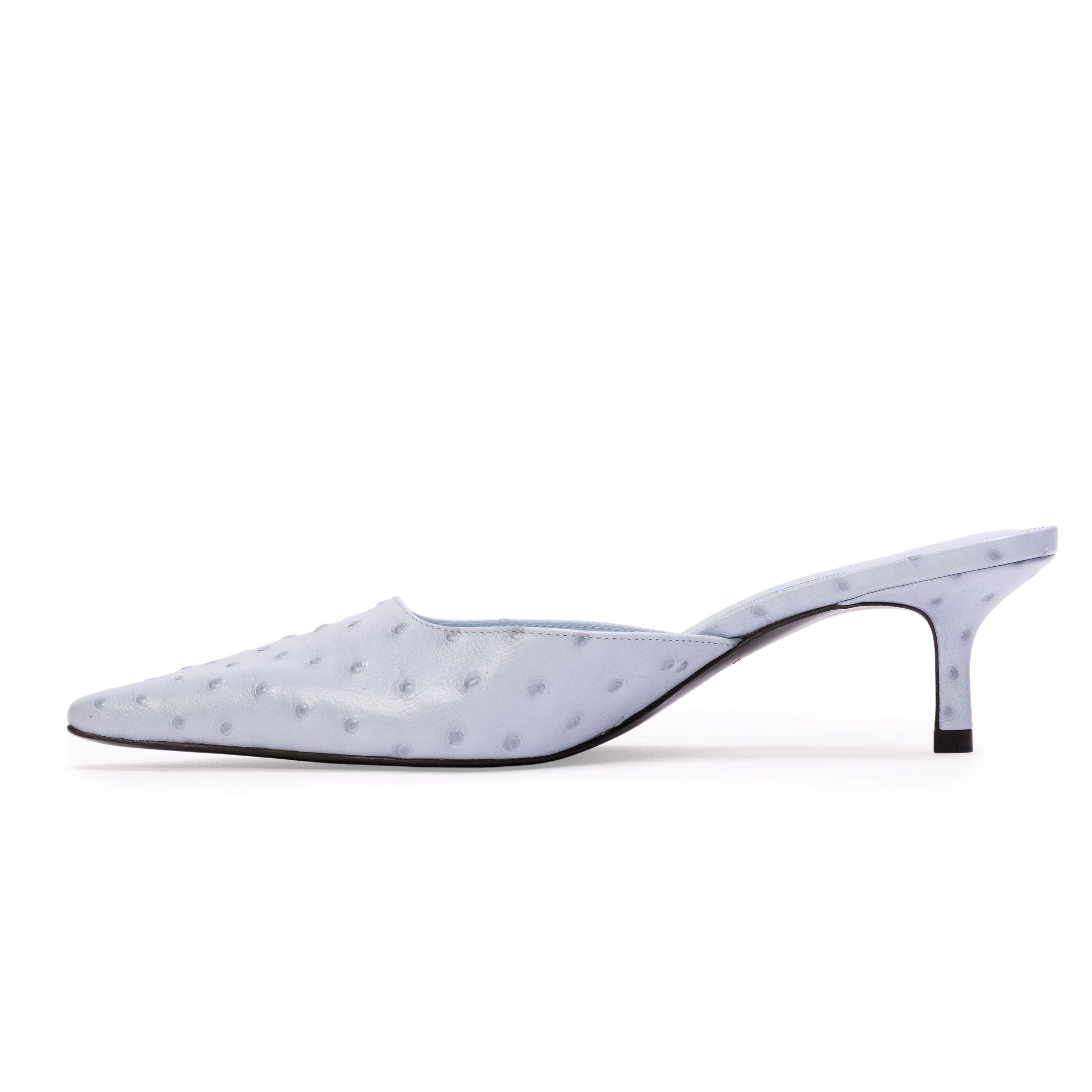 BLACK SUEDE STUDIO Riley 50 Ostrich Mule, Alternate, color, Sky Ostrich Leather