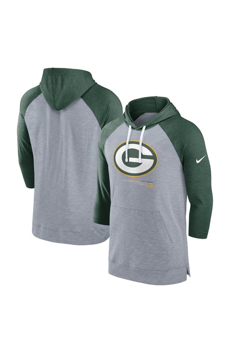 Nike Men's Nike Heather Gray/Heather Green Green Bay Packers Raglan 3/4-Sleeve Pullover Hoodie, Main, color, 