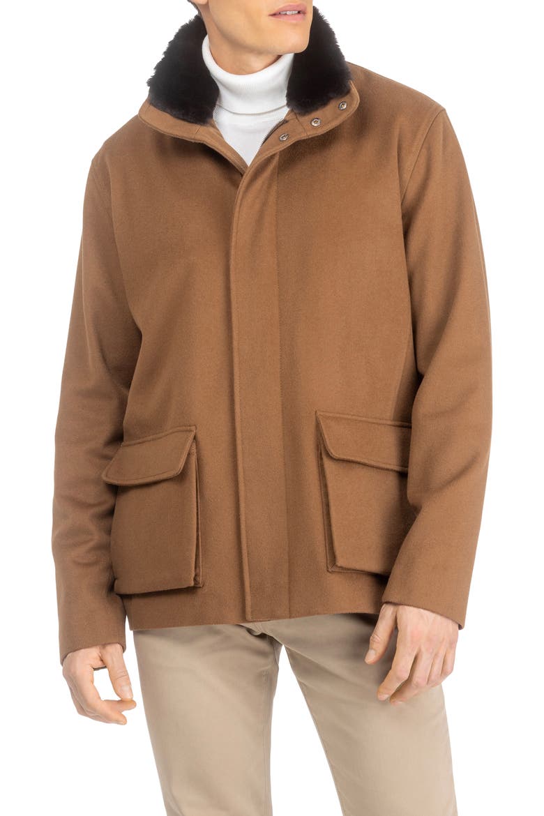 Men's Wool Jacket with Detachable Genuine Shearling Collar, Main, color, Whiskey/Dark Brown