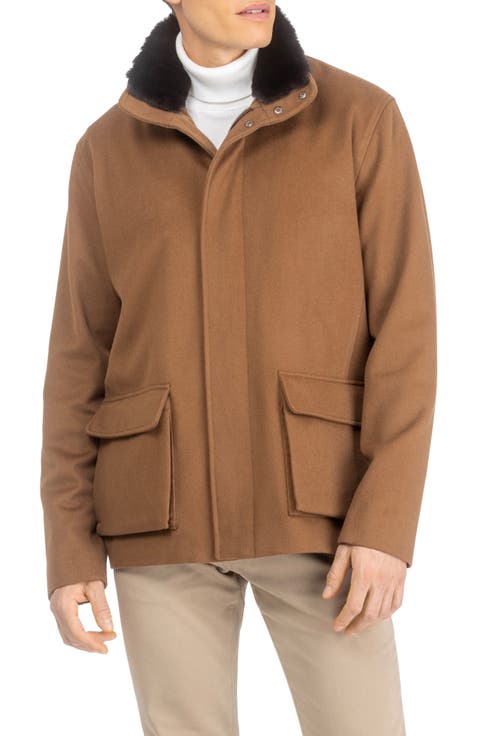 Men's Wool Jacket with Detachable Genuine Shearling Collar