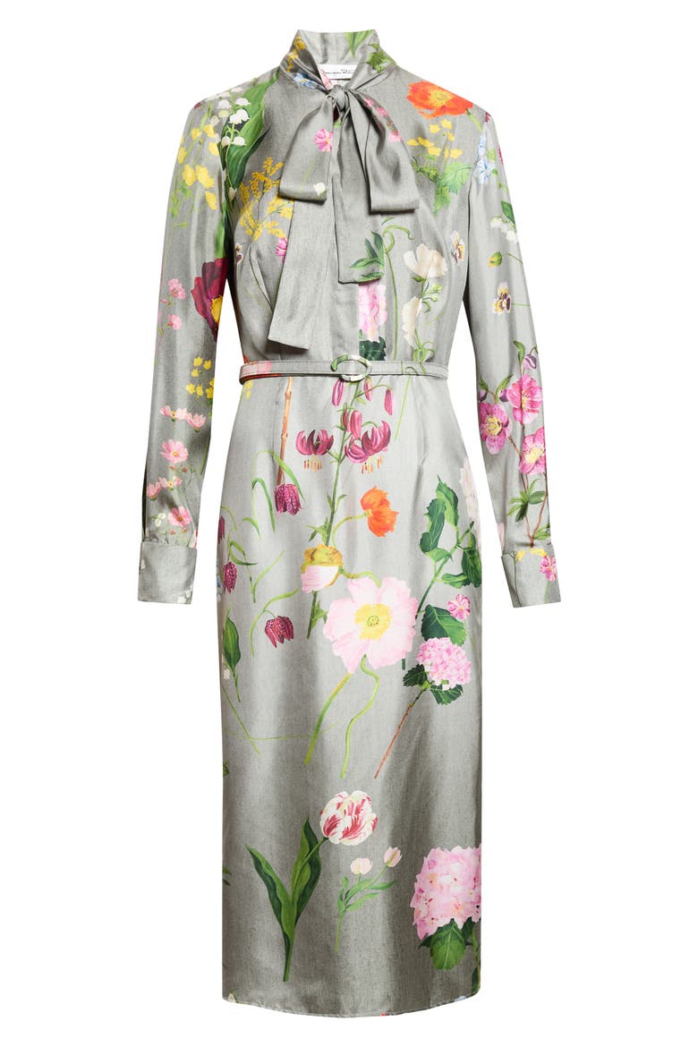 Floral Print Long Sleeve Silk Midi Dress, Main, color, GREY MULTI