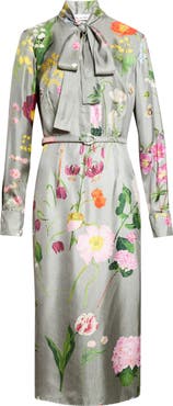 Oscar de la Renta Floral Print Long Sleeve Silk Midi Dress