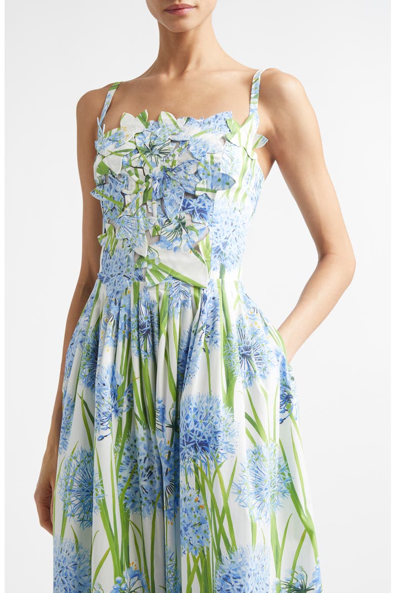 Alliums Appliqué Pleated Stretch Cotton Poplin Fit & Flare Dress, Alternate, color, BLUE/ WHITE