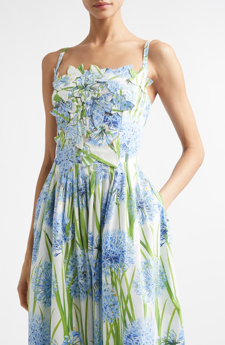 Oscar de la Renta Alliums Appliqué Pleated Stretch Cotton Poplin Fit & Flare Dress, Alternate, color, Blue/ White