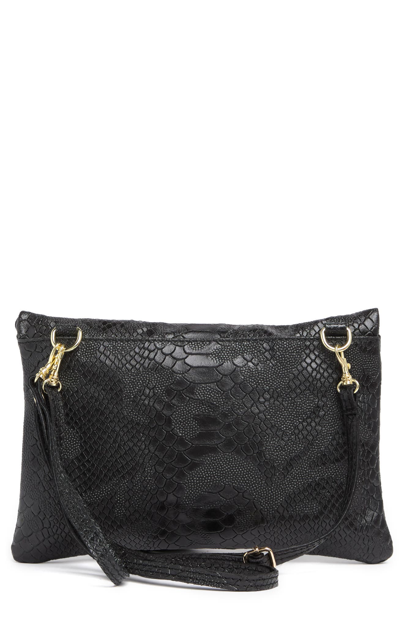 Snake Embossed Leather Clutch, Alternate, color, NERO