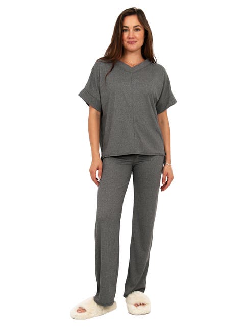 Womens Basic Ribbed Knit Dolman Sleeve V-Neck Top and Drawstring Wide Leg Pant Set