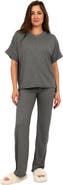 24seven Comfort Apparel Womens Basic Ribbed Knit Dolman Sleeve V-Neck Top and Drawstring Wide Leg Pant Set